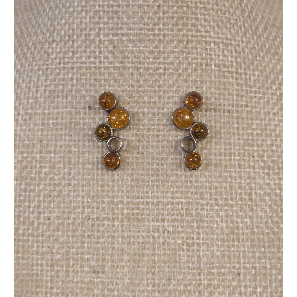 Vintage Modernist Sterling‎ Silver Cognac Baltic Amber Cascading Dangle Earrings